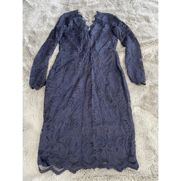 H&M Women’s Lace Dress V Neck Navy Blue Classy Semi Sheer Lined Slim Fit Sz 6 - Picture 5 of 9